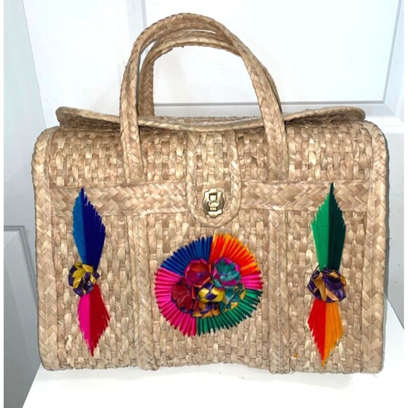 Primavera Collection Acapulco Beach Basket Bag Large Straw Tote Embellished - Picture 2 of 15